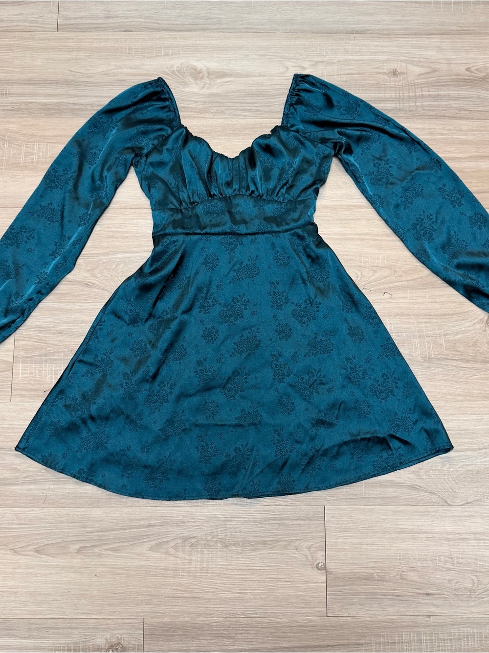 Teal Satin Floral Mini Dress Off Shoulder Puff Sleeve Tie Back